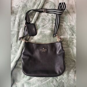 kate spade Black Pebbled Leather Crossbody with Striped Strap and Coin Pouch